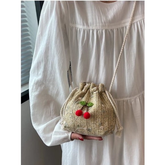 Cherry Braided Straw Drawstring Handbag Purse Tote Bag Mini Backpack All In One - Picture 5 of 5